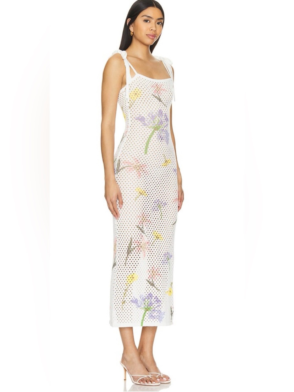 Lovers + Friends White Floral Mesh Maxi Dress with Pastel Blooms
